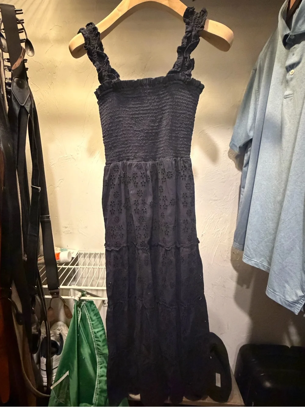 Quince Smocked Sleeveless Navy Midi Dress